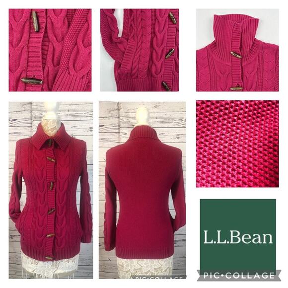 L.L. Bean high neck Cardigan Cable Knit Toggle Buttons Fucshia size small - Picture 3 of 12